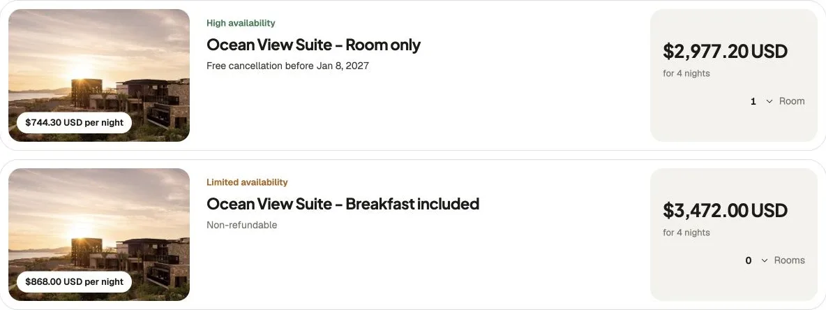 Room options and rates in USD