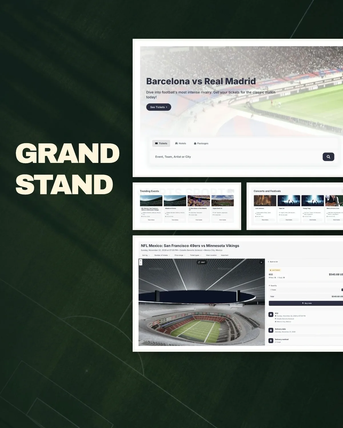 Sports, concerts and ticket selection in a branded event storefront.