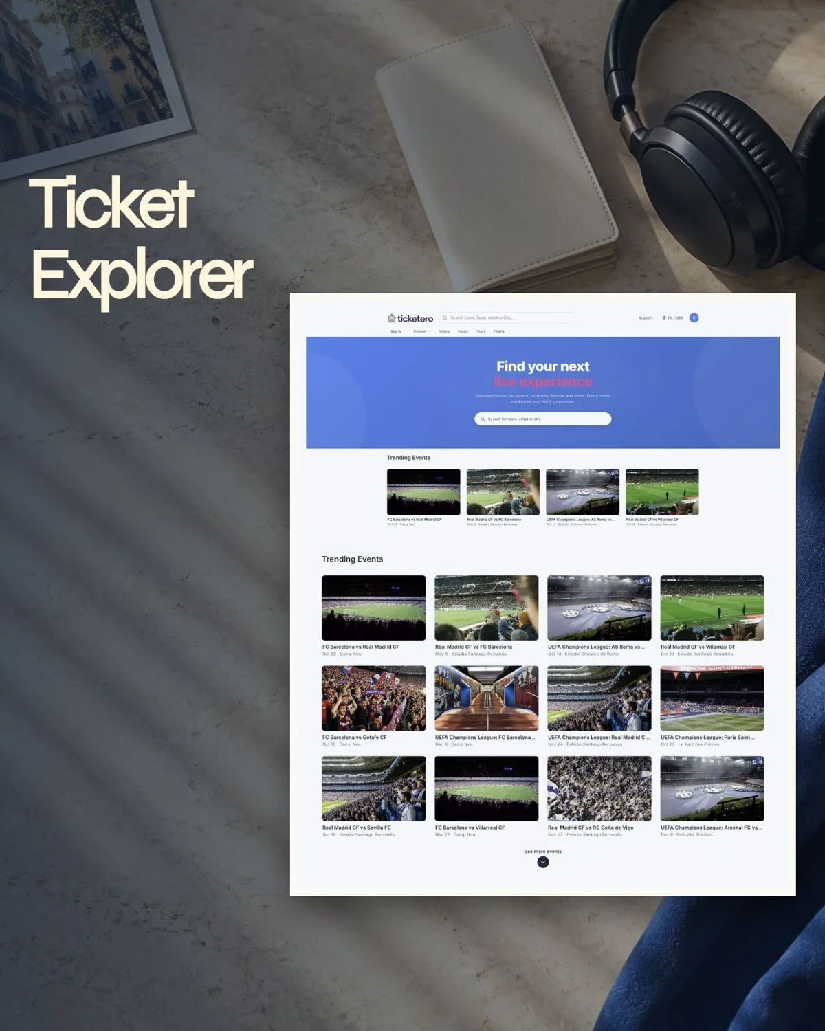A focused event catalogue, travel search and a genuine venue-selection experience.
